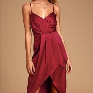 Lulus Just a Dash Burgundy Satin High Low Midi Dress NWOT